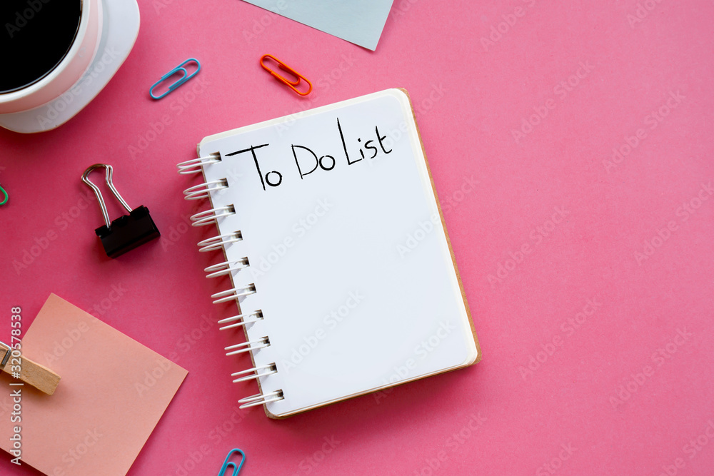 to do list for business concept with notebook, paper note flat lay on pink background to do list for business concept with notebook, paper note flat lay on pink background