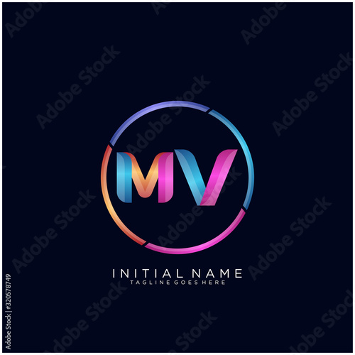 Initial letter MV curve rounded logo, gradient vibrant colorful glossy colors on black background