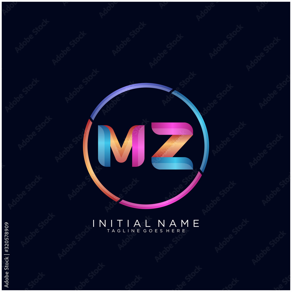 Initial letter MZ curve rounded logo, gradient vibrant colorful glossy colors on black background