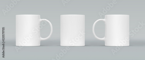 White coffee or tea cup on gray background. Blank mug mock up with different sides. Empty gift pint set branding template. Glassy restaurant tankard for your design. photo