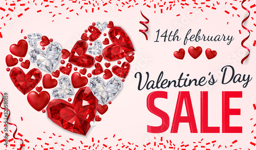 Beautiful gemstone heart for Valentines Day card. Jewelry gift.  Winter holidays. Vector illustration EPS10.