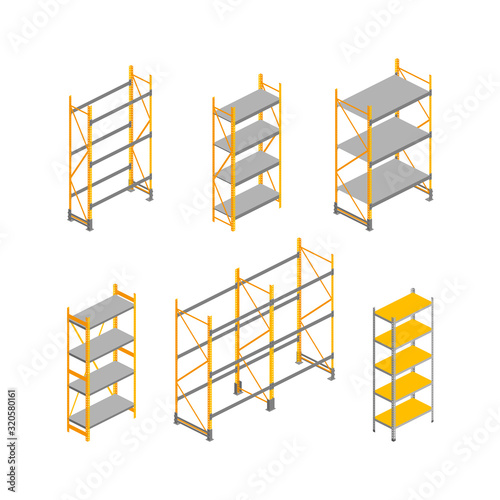 Isometric empty warehouse shelves set isolated on white. 3d metallic rack. Storage equipment vector illustration. Logistic and delivery service elements collection for web, design, infographics, apps