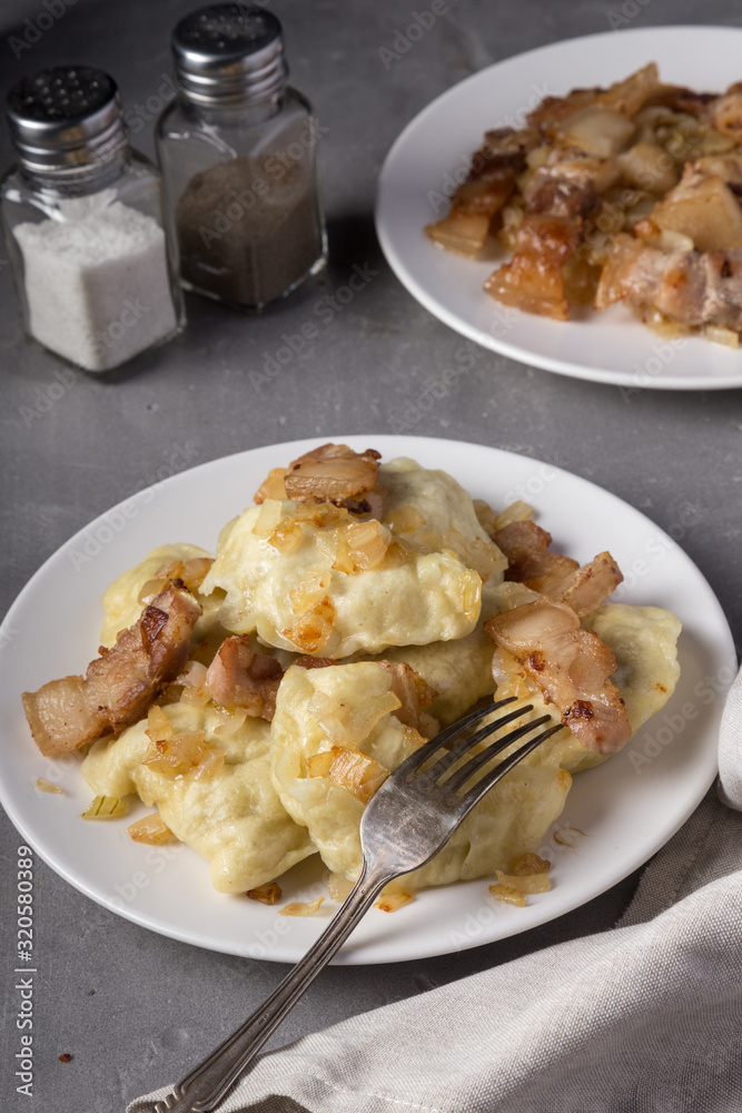 Pierogi, dumplings served with caramelized salted onion in bowl. Traditional Polish dish - pierogi or dumplings with meat, potatoes, mushrooms, sour cream and fried onions. Close up, space for text Pierogi, dumplings served with caramelized salted onion in bowl. Traditional Polish dish - pierogi or dumplings with meat, potatoes, mushrooms, sour cream and fried onions. Close up, space for text