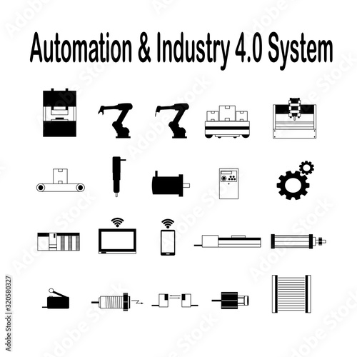Automation and industry 4.0 system vector icon, Show machines, sensors, robot, PLC, HMI etc. photo