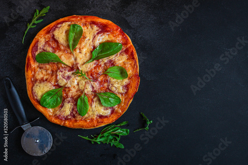pizza salami sausages (tomato sauce, cheese, meat). food background. top view. copy space