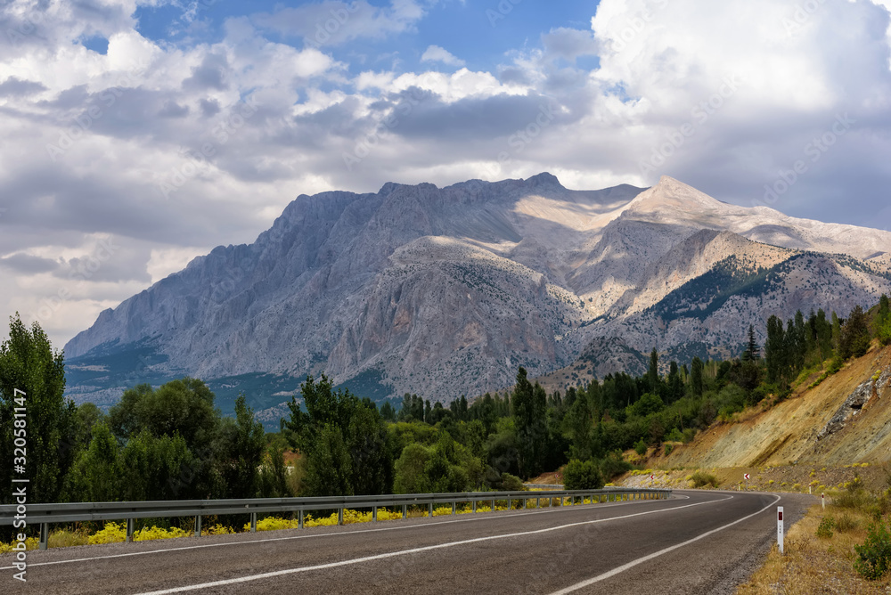 Fototapeta premium Panoramic view of the mountain with road, forest and cloudy sky in summer