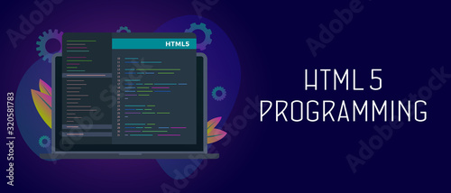 HTML5 Programming concept. HTML code optimization and programmer script writing. Internet website development language. Laptop with software code window screen. Header and footer banner template.
