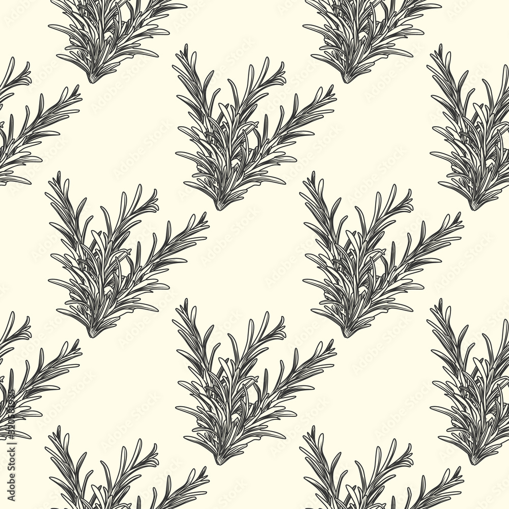 Fototapeta premium Rosemary herb branch ink sketch seamless pattern. Monochrome food ingredient wallpaper.