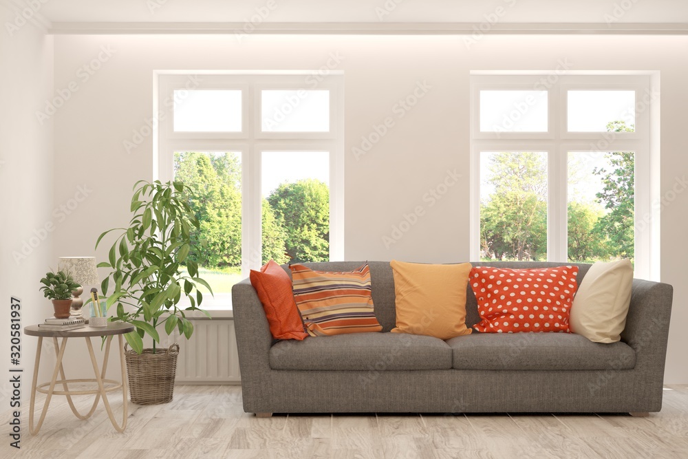 Stylish room in white color with sofa and summer landscape in window. Scandinavian interior design. 3D illustration Stylish room in white color with sofa and summer landscape in window. Scandinavian interior design. 3D illustration