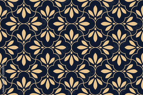 Flower geometric pattern. Seamless vector background. Gold and dark blue ornament. Ornament for fabric, wallpaper, packaging. Decorative print