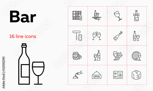Bar line icon set. Waiter, menu, wine. Alcohol concept. Can be used for topics like pub, party, restaurant, catering