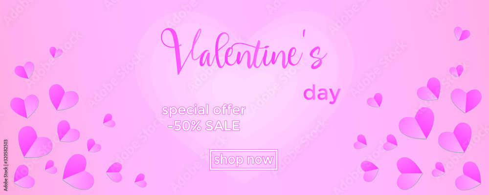 Valentine's Day Sale Banner, 14 February celebrating, love, gradient background with paper hearts and handwriting sign. Vector illustration in soft pink colors.