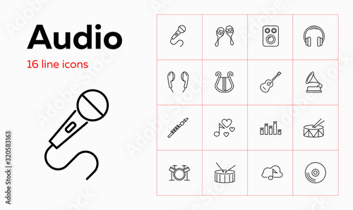 Audio icons. Set of line icons on white background. Record, music speaker, musical instruments. Music concept. Vector can be used for topics like leisure, hobby, audio technology