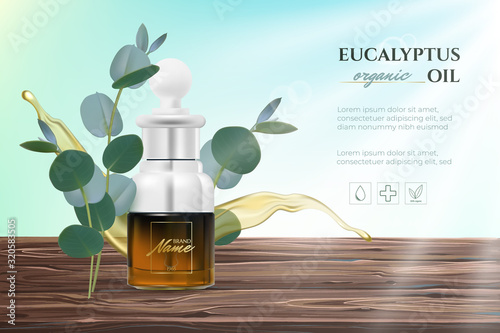 Design advertising poster for cosmetic product for catalog, magazine. Design of cosmetic package. Stylish paper cut background. Toner, cream, gel, body oil with eucalyptus extract.
