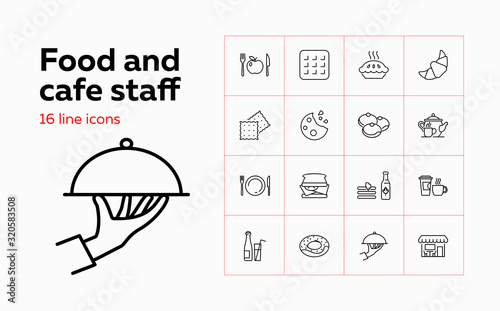 Food and cafe staff icons. Set of line icons on white background. Food and catering concept. Biscuits, cheese, cafe, pie. Vector illustration can be used for topics like catering, food, restaurant