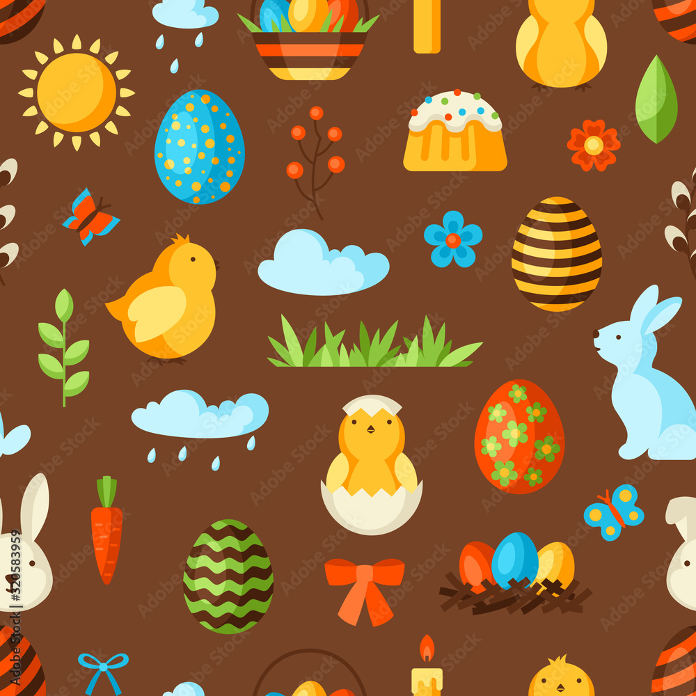 Happy Easter seamless pattern with holiday items. Happy Easter seamless pattern with holiday items.