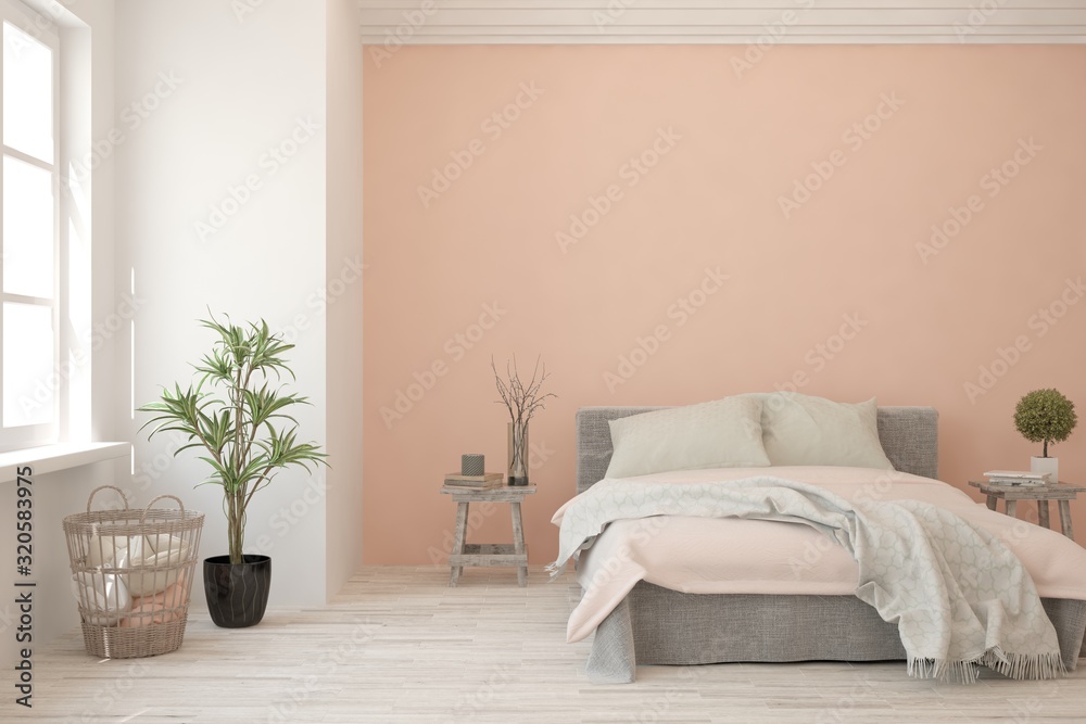 Stylish bedroom in white color. Scandinavian interior design. 3D illustration - obrazy, fototapety, plakaty 