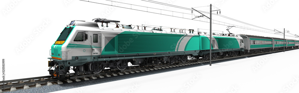 3d Elektro Lokomotive mit Passagierwagen auf der Schiene, freigestellt - obrazy, fototapety, plakaty 