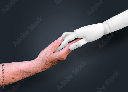 Old person holding robot hand