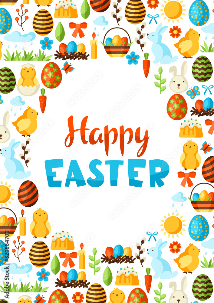 Happy Easter greeting card with holiday items.