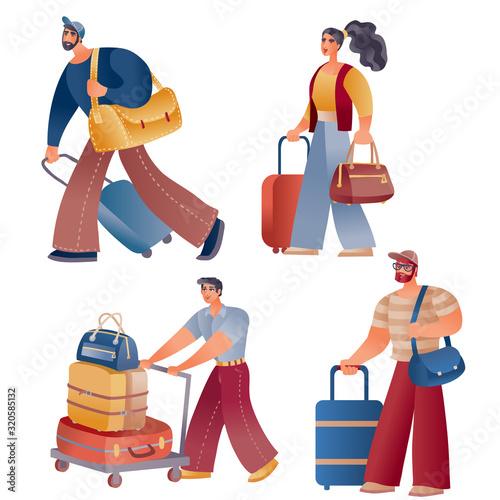 set of people who travel or go back home with bags and suitcases, isolated object on a white background, v