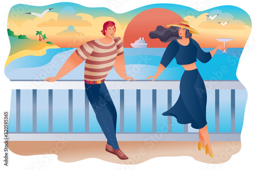 man and woman stand on the embankment against the backdrop of the setting red sun, the ship and the seagulls, they have a date or the first meeting, the woman has a glass of wine in her hands,