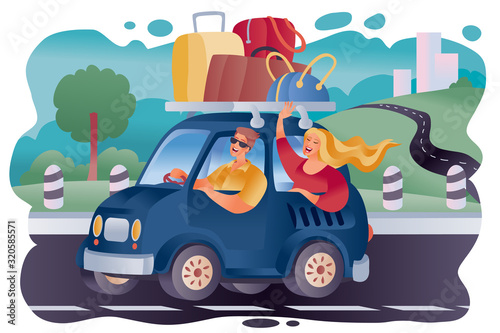 A car loaded with a large number of luggage from bags and suitcases rides along the road, a man and a woman sit in the car and enjoy their journey,
