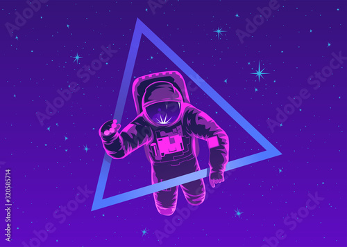 Cosmonaut in spacesuit performing spacewalk against stars and planets in background. flight in space. Human spaceflight. Modern colorful vector illustration.