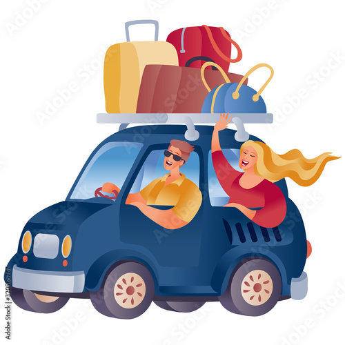 a car loaded with a large number of luggage from bags and suitcases, a man and a woman are sitting in the car and are enjoying their journey, isolated object on a white background,
