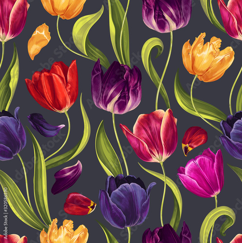 Seamless floral pattern with multi-colored tulip flowers, leaves and petals on a  black background. Hand drawn, high realistic, vector,spring  flowers for fabric, prints, decoration, invitation cards.