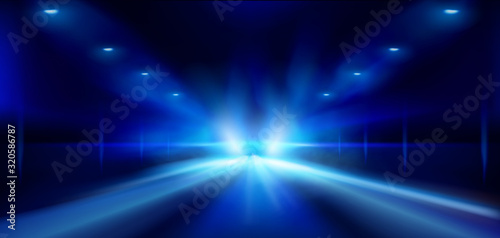 Street in the fog at night. Spotlights on dark background. Abstract blue background. Show on stage. Vector illustration.