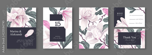 Botanical wedding invitation card template design, white magnolia flowers and leaves. Template design with highly detailed, vector, realistic, spring flowers. Collection of Save the Date and RSVP.