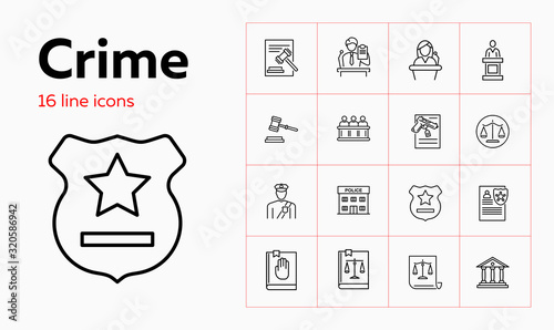Crime line icon set. Witness, jury box, police office. Justice concept. Can be used for topics like investigation, law, arrest