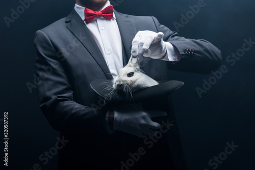 cropped view of professional magician showing trick with white rabbit in hat, in dark room with smoke photo