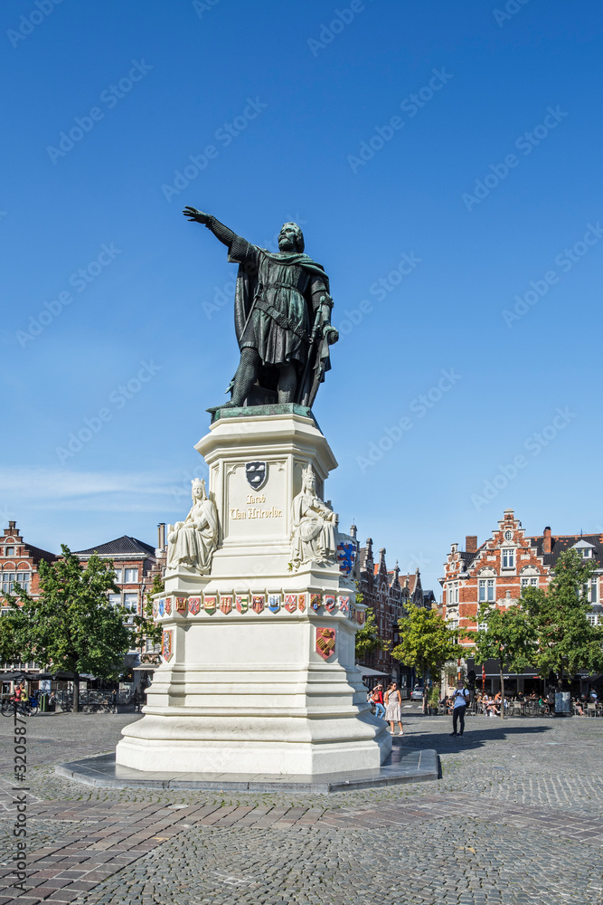 The statue of Jacob Van Artevelde at the Friday Market / Vrijdagmarkt in the city Ghent / Gent, East Flanders, Belgium