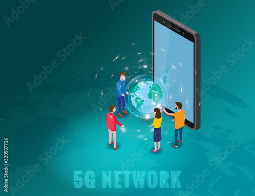 Isometric 5G network wireless technology template. Isometric smartphone with Earth planet