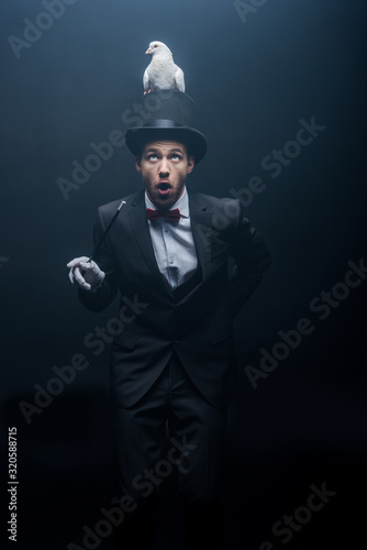 surprised magician in hat with dove and wand in dark room with smoke