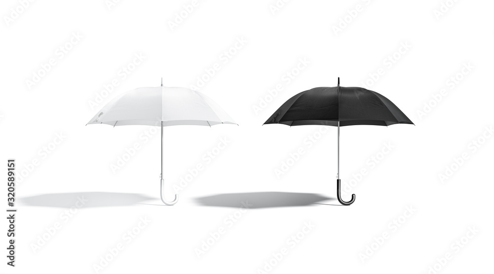 Blank black and white opened umbrella mockup stand, isolated