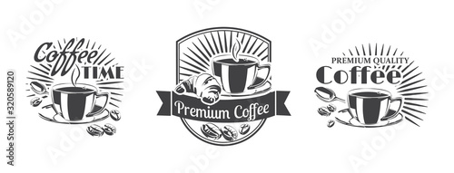 Vector the coffee shop. Logo with cup of tea, coffee and croissant