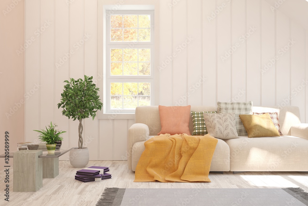 Stylish room in white color with sofa. Scandinavian interior design. 3D illustration