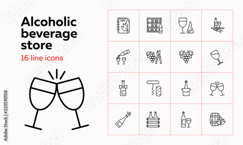 Alcoholic beverage store icons. Set of line icons on white background. Toast, grape, wine list. Drinks concept. Vector can be used for topics like winery, restaurant, party