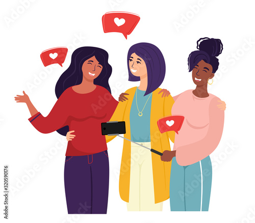 Girlfriends take selfies for social networks, characters with symbols of likes. Vector isolate of characters in cartoon flat style.