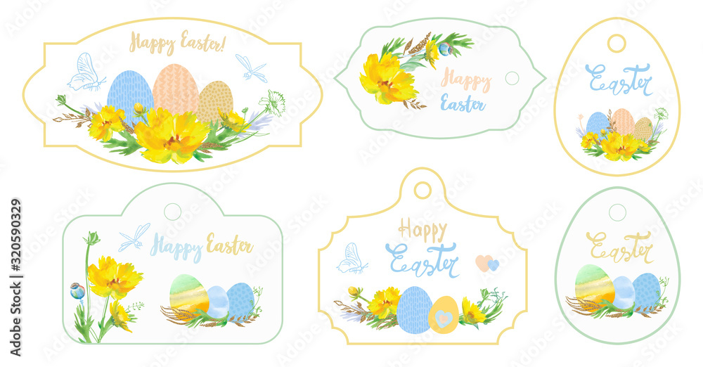 set cards with eggs and yellow watercolor flowers with gold twigs. Happy Easter templates with eggs. Suitable for spring and Easter cards and invitations, tag