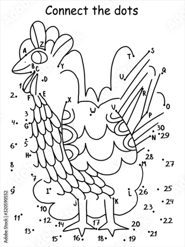 Connect the dots simple kid puzzle with funny hen. Educational spring printable game for kids to learn counting and english alphabet. Chicken outline and dots handout for children. One of a series. 