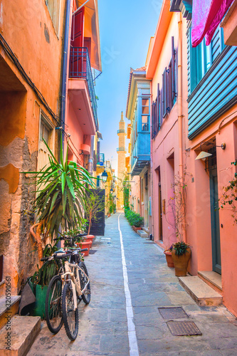 Narrow street in the old town of Rethymno, Crete, Greece.
