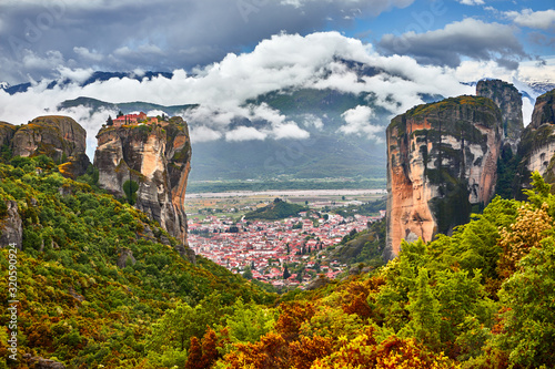 Meteora monasteries, Greece Kalambaka. UNESCO World Heritage site. Colorful spring landscape. Monastery of Varlaam (Rousanou, Ypapanti, St. Nicholas Anapavsa) photo