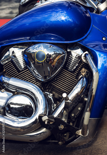 Chrome v-twin motorcycle engine with nice reflections. No logos and any brand