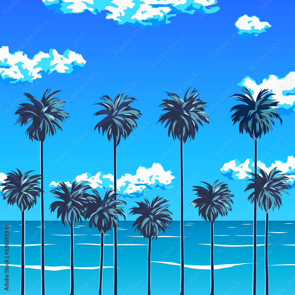 The beach with palm trees and the blue sky