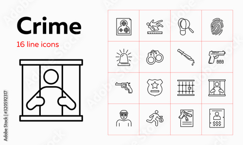 Crime line icon set. Prisoner, robber, gun. Law concept. Can be used for topics like justice, punishment, murder, investigation