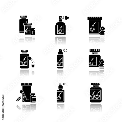 Hair loss drop shadow black glyph icons set. Medicament for alopecia. Vitamin supplements to help hair thinning. Medical pills, spray for baldness. Isolated vector illustrations on white space